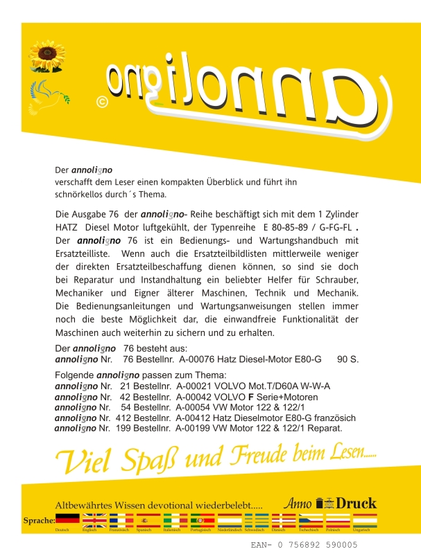 1 Zylinder Hatz Diesel Motor luftgekühlt Typenreihe E80-85-89/G-FG-FL Bedienungsanleitungen & Bild- Ersatzteilliste - annoligno 76